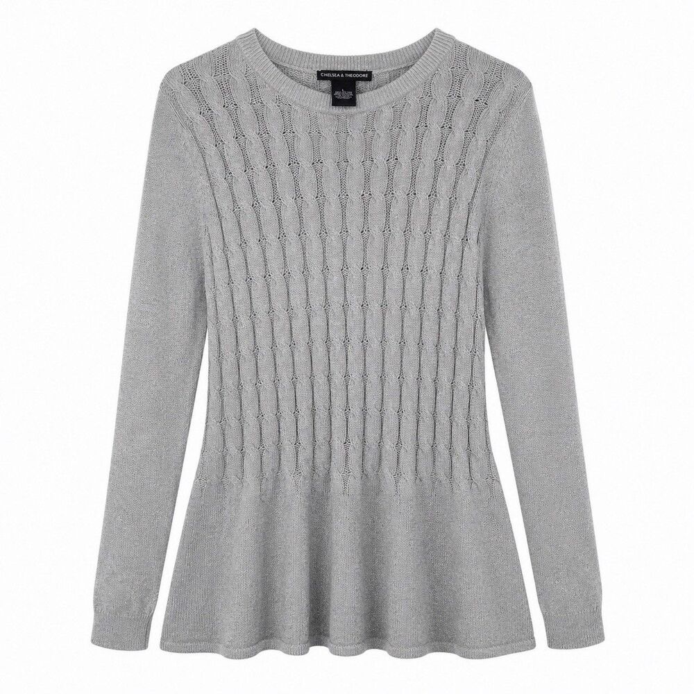Chelsea & Theodore Women's Size Large Grey Cable Knit Flair Bottom Sweater NWOT